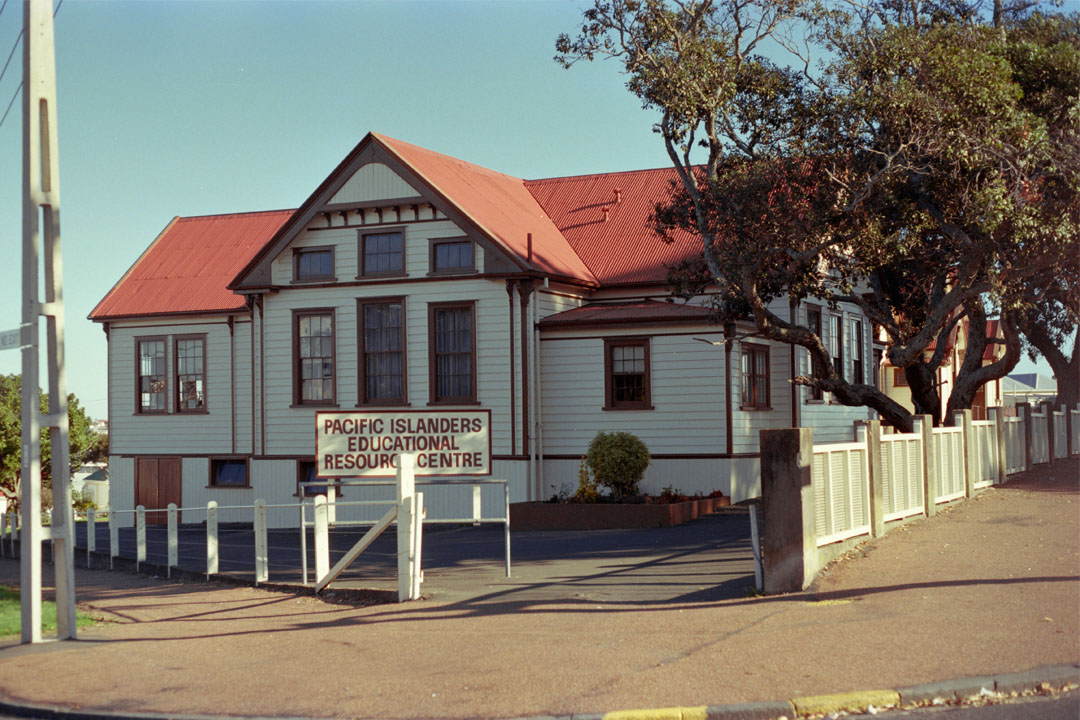Old wooden building with 'Pacific Islanders’ Educational Resource Centre' on sign at the front