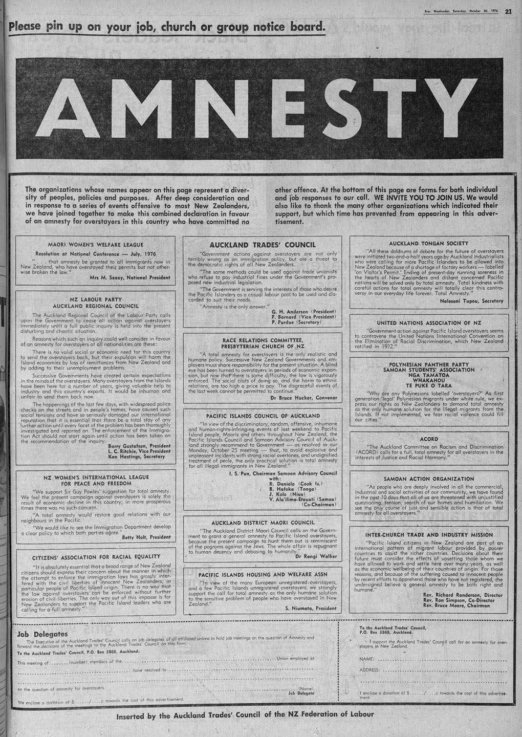 Newspaper advert. Headline reads 'AMNESTY'