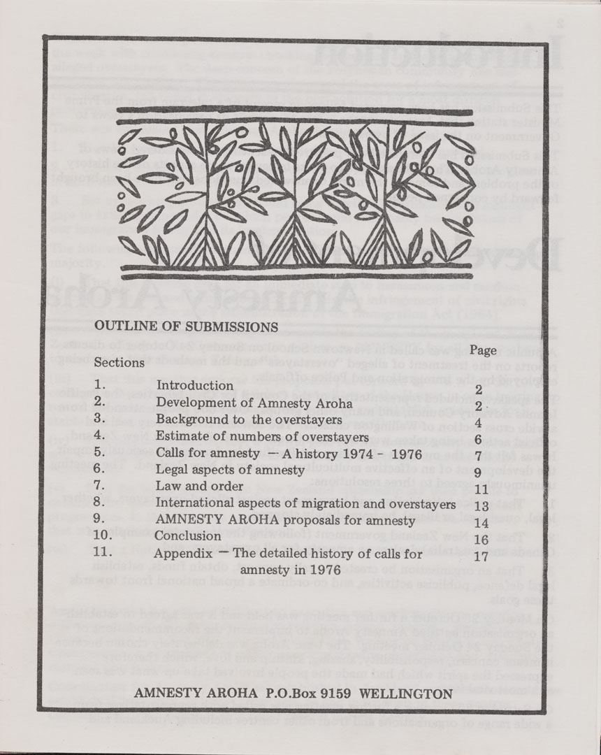 Contents page of the Amnesty Aroha Submission to Government 1976 