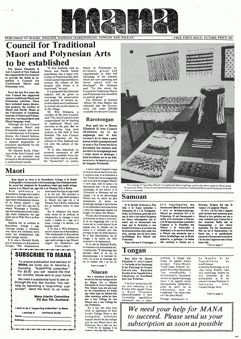 First page of newspaper titled MANA including articles relating to Pacific peoples