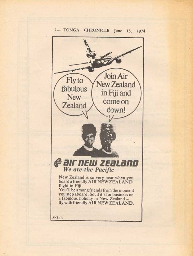 Back cover of the 'How Tonga Aids New Zealand' magazine that shows an advert for Air New Zealand