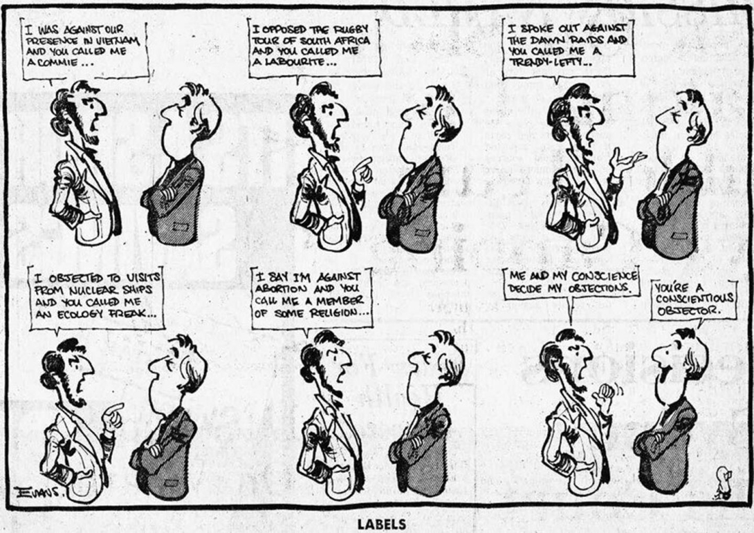 Cartoon about how people are labelled by the causes they advocate for