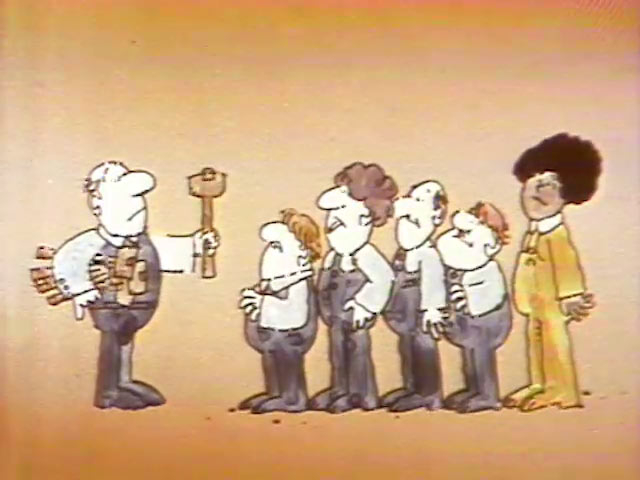 Cartoon of men lining up to receive hammers. 