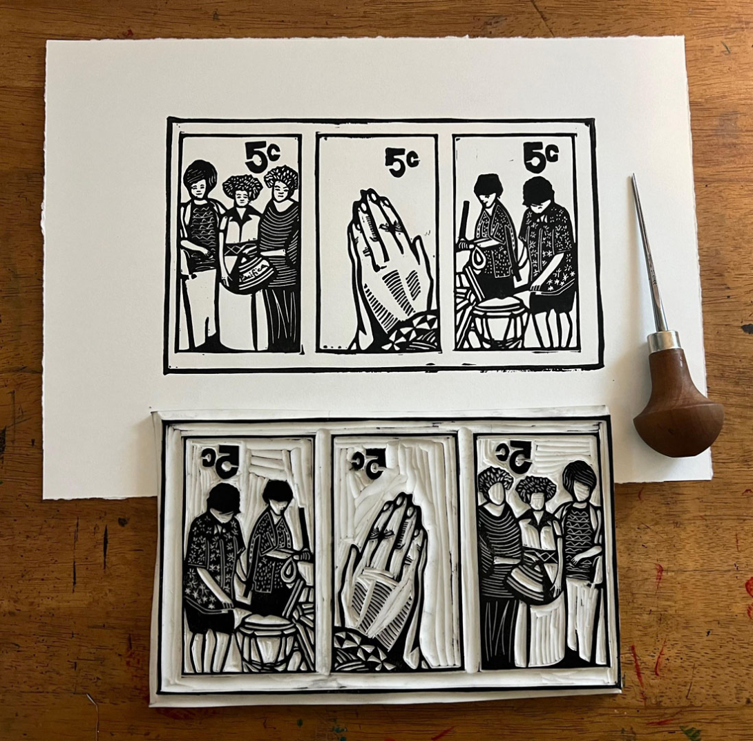 A print and lino cut of three stamps with a lino cut tool to the right of both.