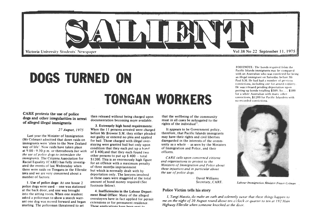 Cover of Salient magazine. The headline reads 'Dogs turned on Tongan workers'