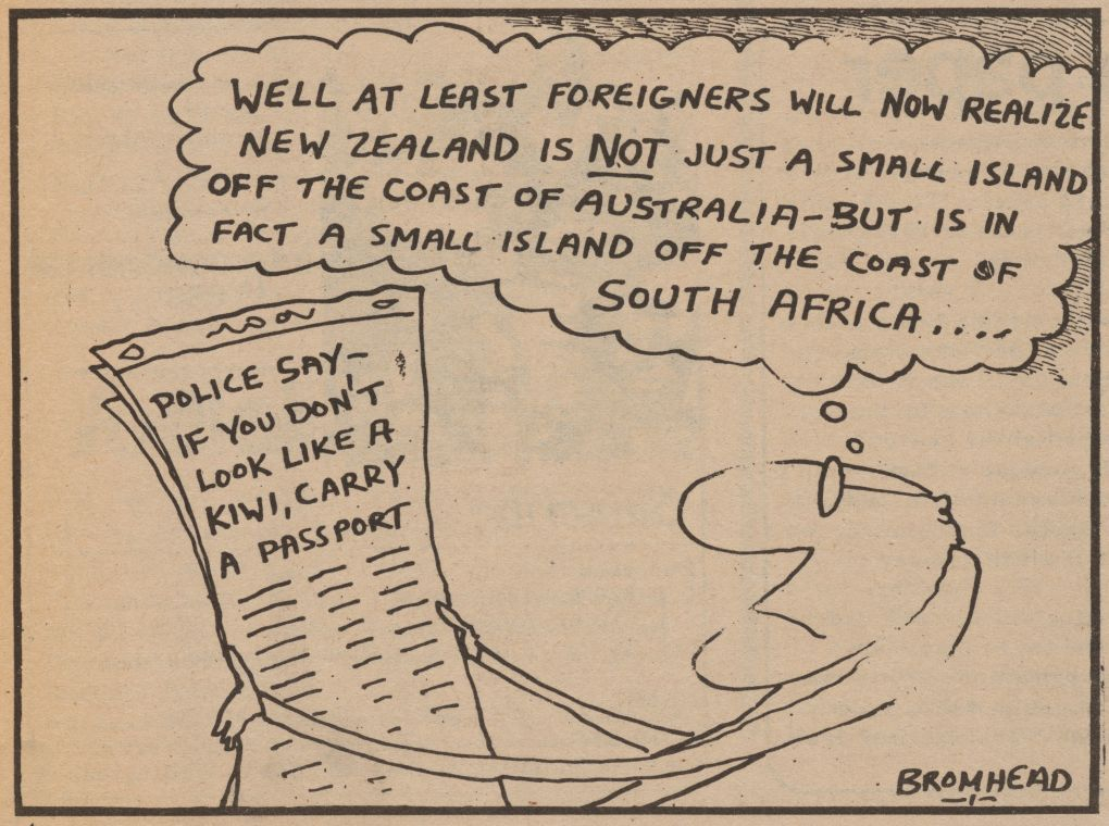 Cartoon figure reading a newspaper thinking, 'Well at least foreigners will now realize New Zealand is not just a small island off the coast of Australia - but is in fact a small island off the coast of South Africa...'