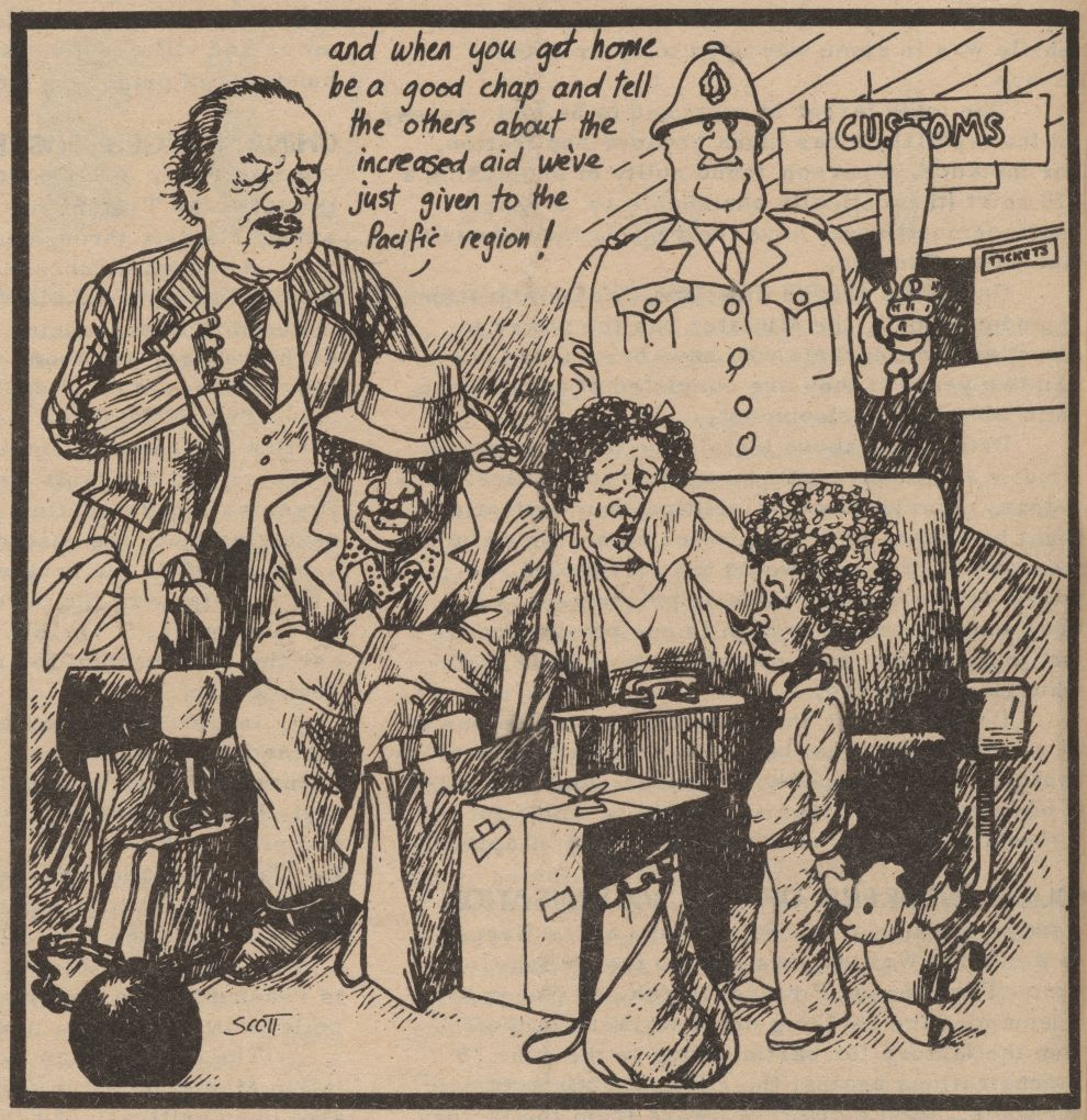 Cartoon depicting down-trodden Pacific family with Minister of Police standing over them, proclaiming 'and when you get home be a good chap and tell the others about the increased aid we've just given to the Pacific region!