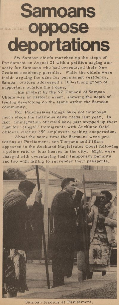 Newspaper clipping titled 'Samoans oppose deportations'. Includes photo of men in traditional Samoan clothing on street