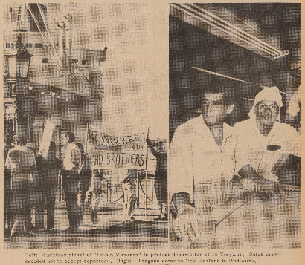 Side-by-side images showing protest on wharf on left and Tongan workers in factory on right