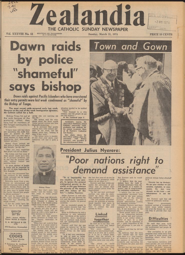 Scan of a 'Zealandia' article titled 'Dawn raids by police "shameful" says bishop'