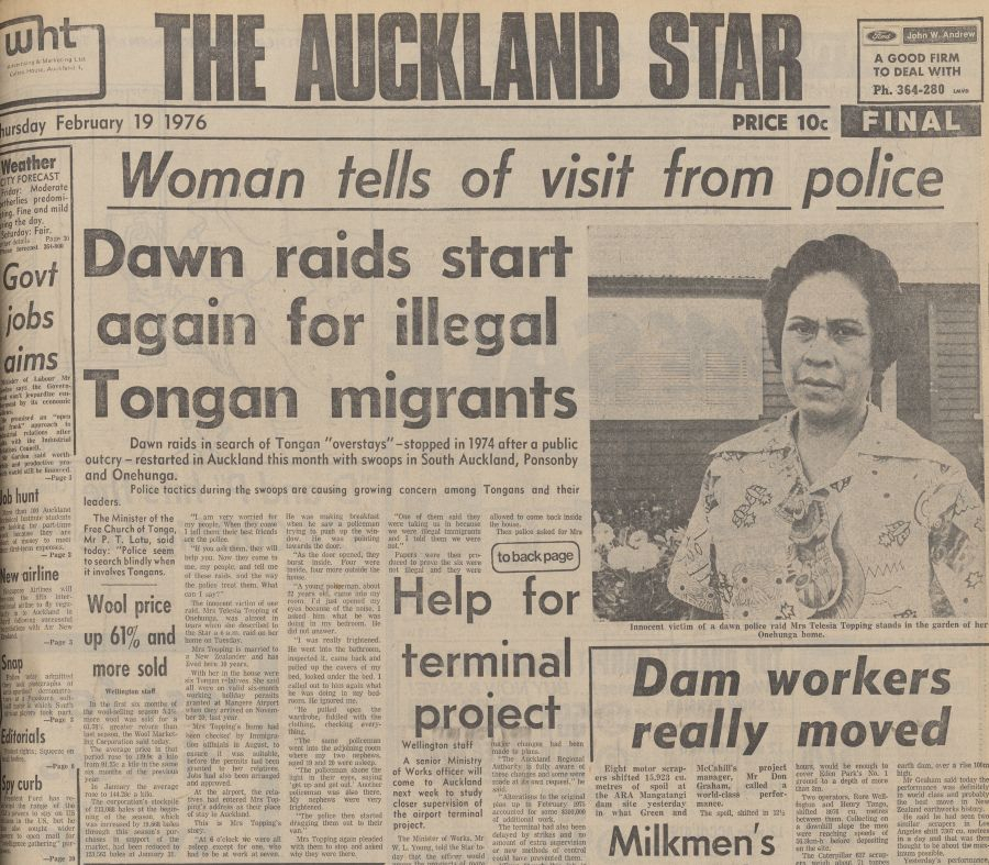 The Auckland Star with headline 'Dawn raids start again for illegal Tongan immigrants' with picture of Tongan woman