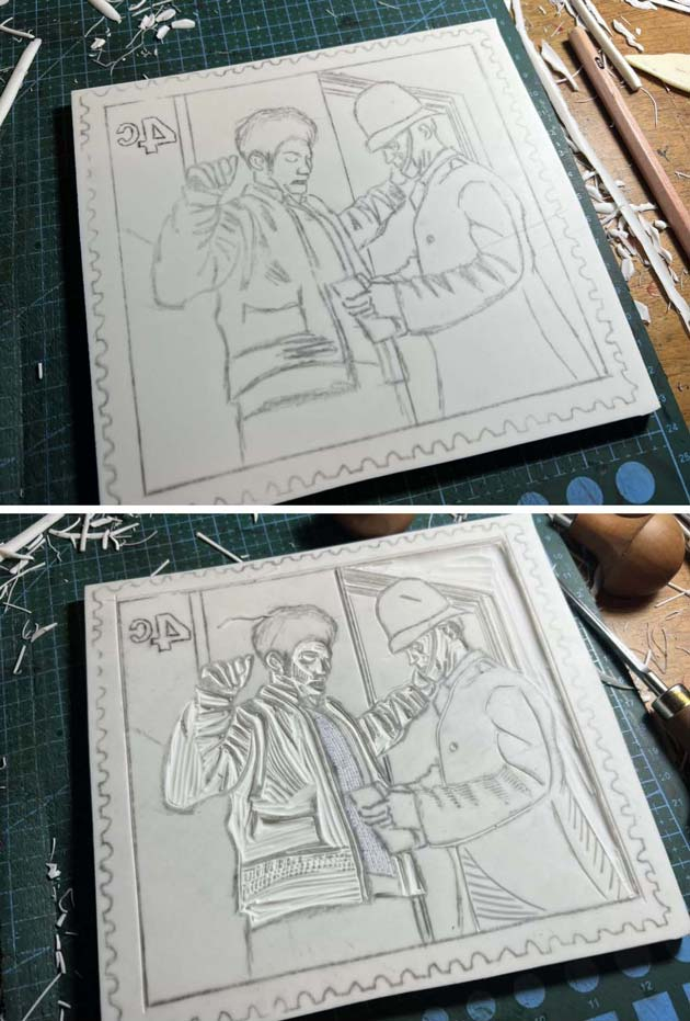 Drawing a linocut showing man being searched by a policeman