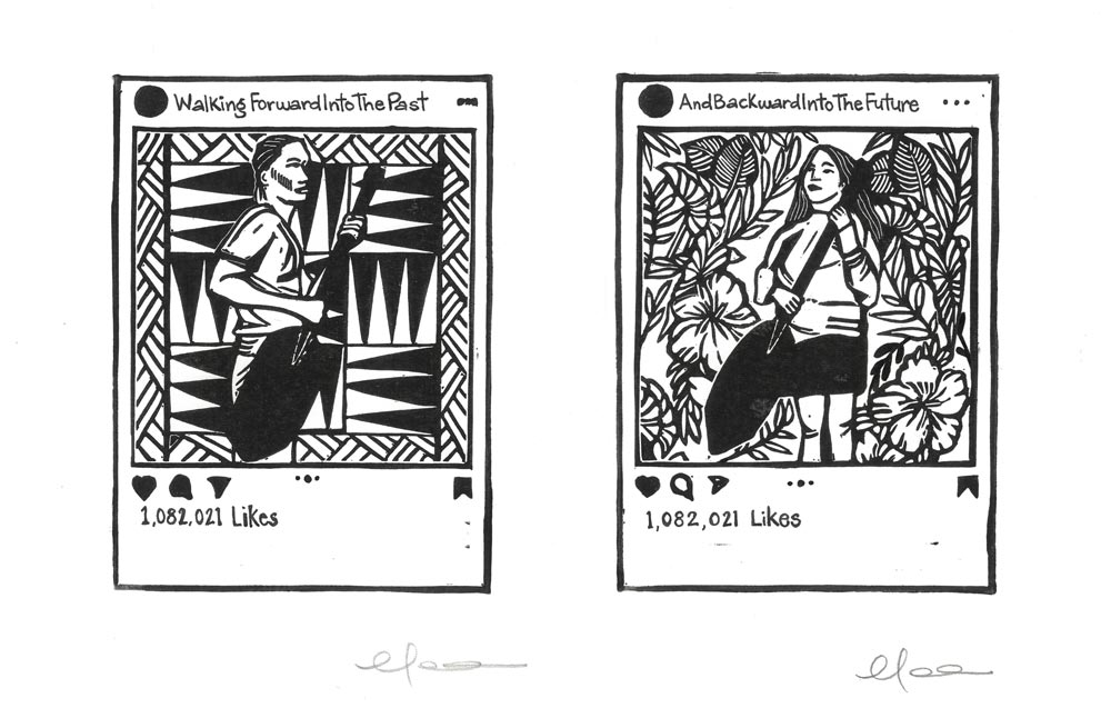 Two designs for stamps with one with a man and one a woman, both are holding paddles