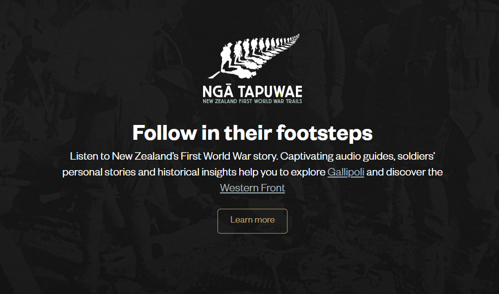Ngā Tapuwae homepage with featuring name and stylised fern made from soldier figures