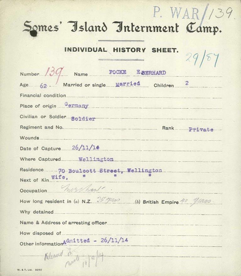 Eberhard Focke's Somes Island internment card