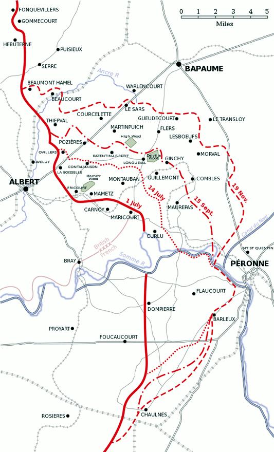Map showing daily gains during Battle of the Somme