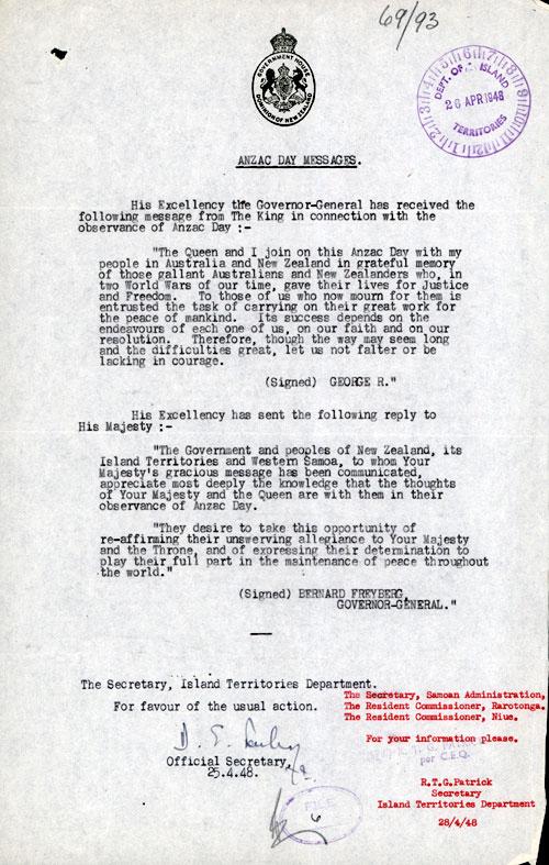 The King's Anzac Day message, 1948