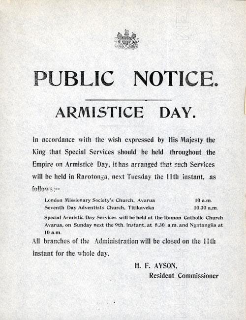 Cook Islands Armistice Day notice