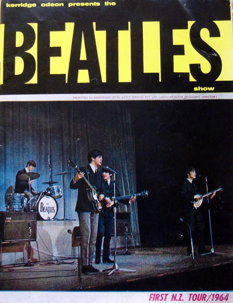 Programme cover with image of Beatles on stage and title 'Kerridge Odean presents the Beatles show'. Along the bottom is 'First N.Z. Tour/1964''