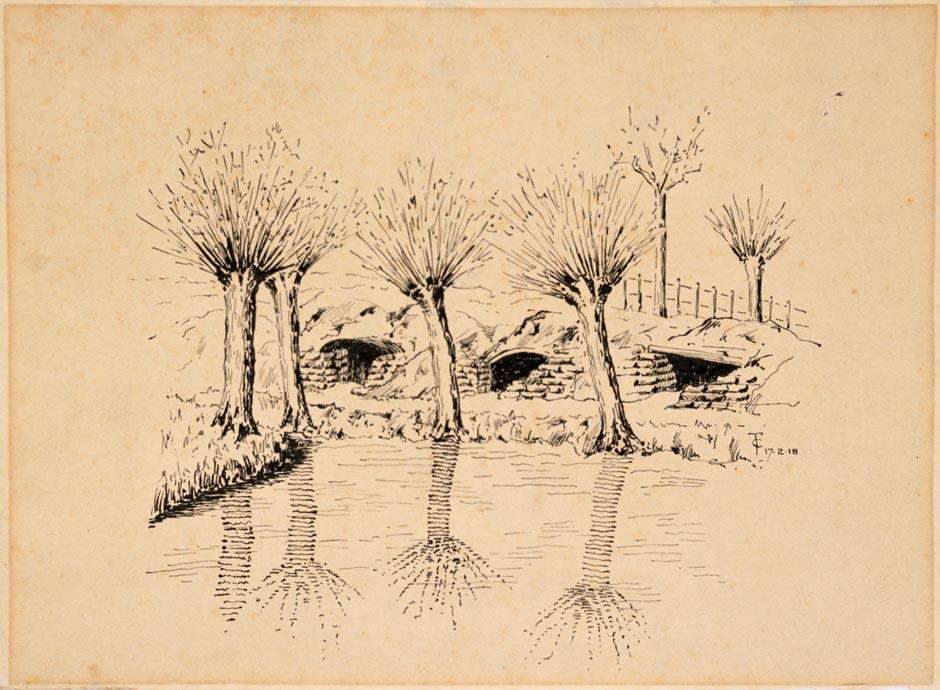 <em>Dugouts Vlamentinghe, Belgium</em> by Cecil Trevithick