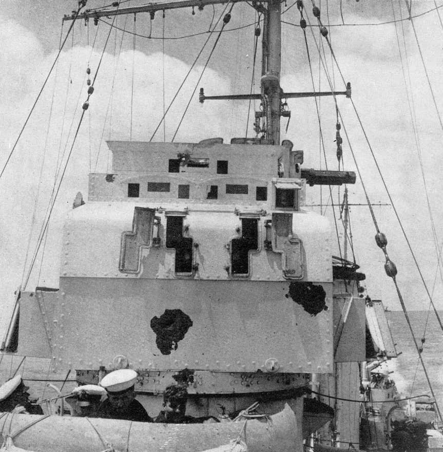Shrapnel damage to director control tower