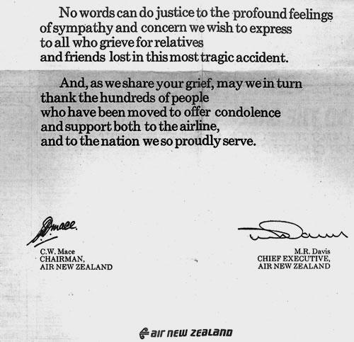 Expressions of sympathy after Erebus disaster