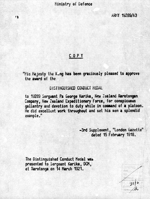 Medal citation for Pa George Karika
