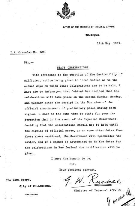 Letter to local bodies about changes to peace celebrations