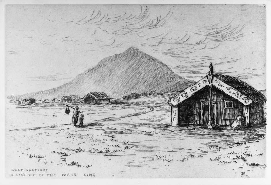 Etching of Māori King's residence, Whatiwhatihoe