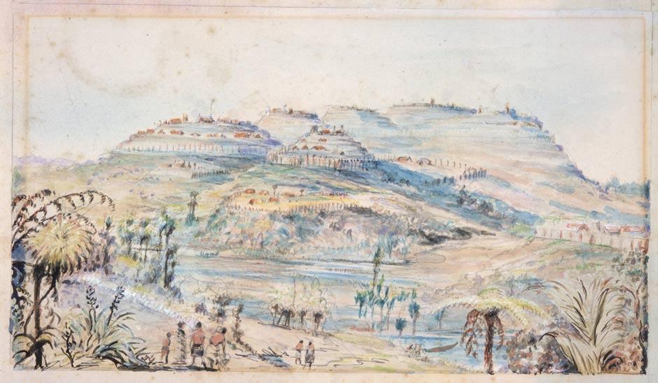 Stockaded hills and pa, 1830s painting