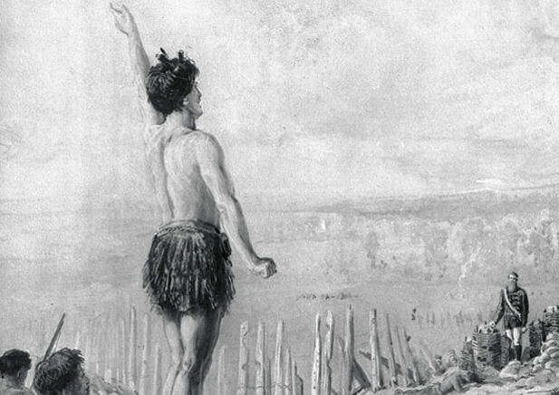 Rewi Maniapoto standing against British forces at Ōrākau.